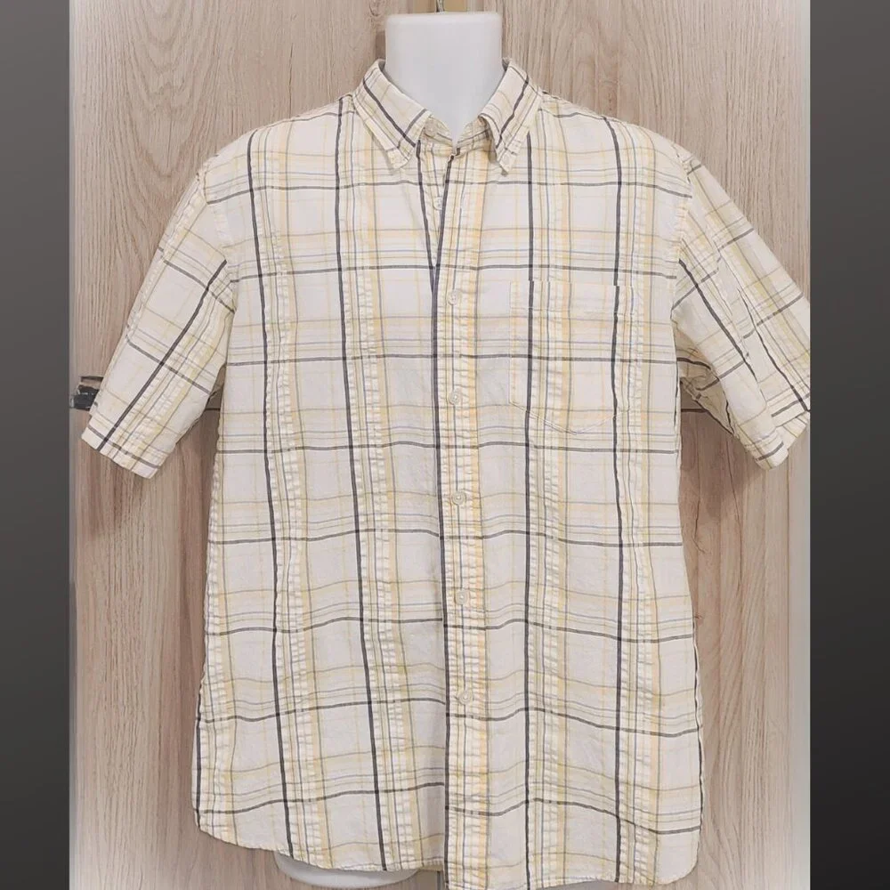 Arrow Classic Fit - Button-Down Shirt Men’s Med Yellow Blue Plaid Short Sleeve - Picture 1 of 8
